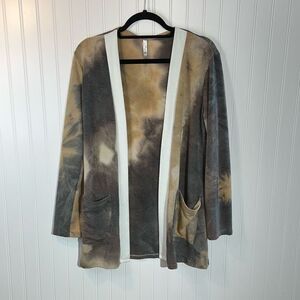 Open Front Tie Dyed Cardigan With Cream Trim Womens Large Brown Classic Workwear